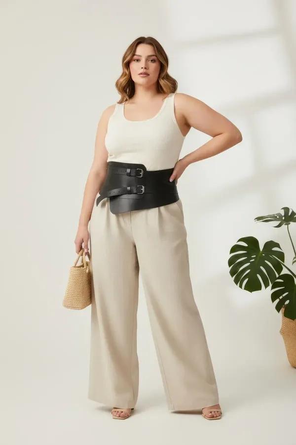 black faux leather waspie belt with asymmetric panel and dual silver buckles worn over cream tank top