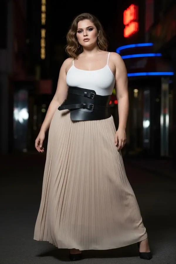 black faux leather waspie belt with asymmetric panel and dual silver buckles worn over cream tank top