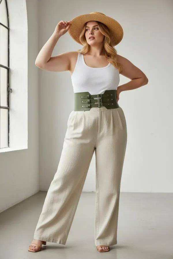 olive green wide waist cincher harness with three silver buckle straps worn over cream bodysuit