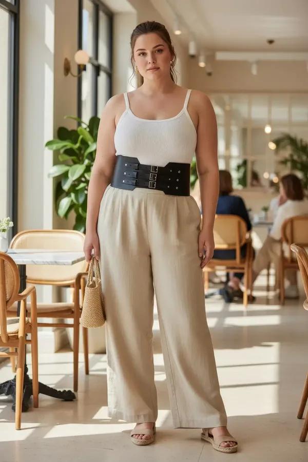 black faux leather wide waist harness belt with three silver buckles and stud detail worn over white tank top