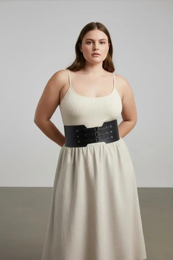 black faux leather wide waist harness belt with three silver buckles and stud detail worn over white tank top