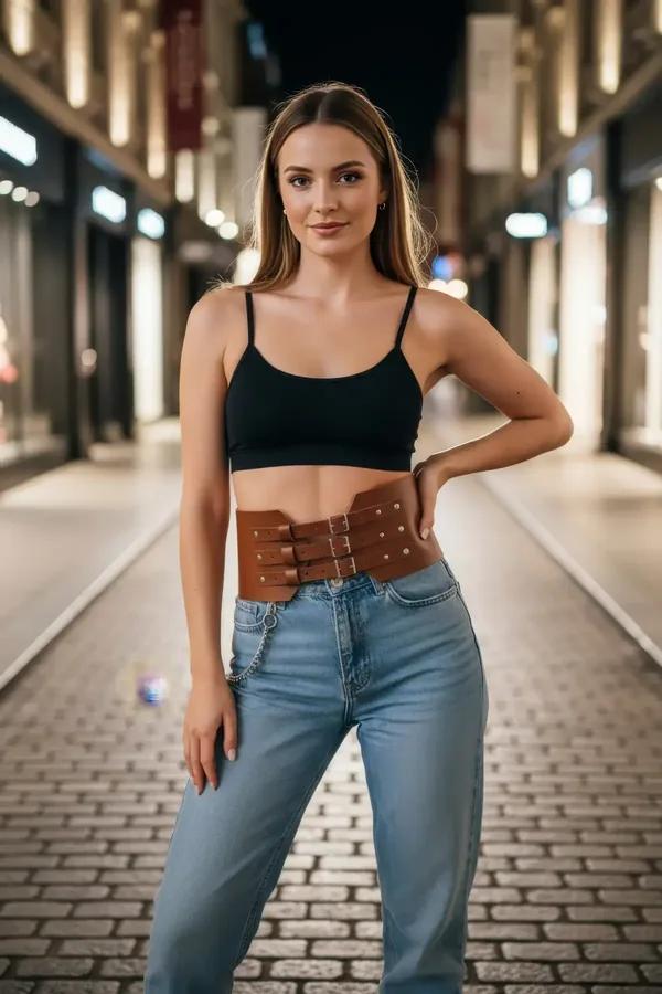 Taba geniş bel kemeri üç gümüş tokalı vegan deri korse, siyah crop top ve kot pantolon kombininde