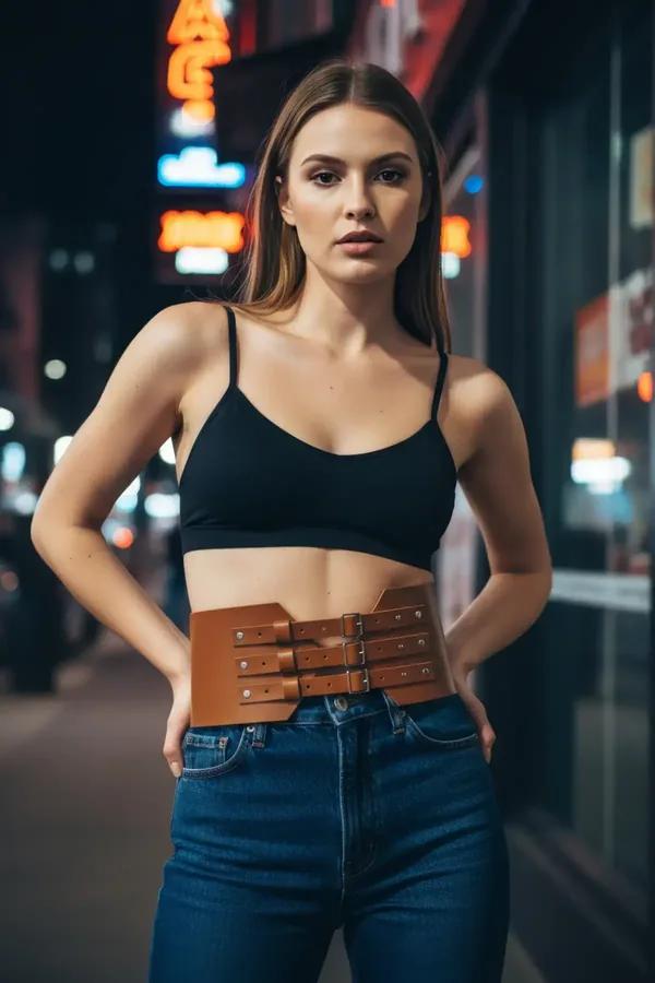 Taba geniş bel kemeri üç gümüş tokalı vegan deri korse, siyah crop top ve kot pantolon kombininde