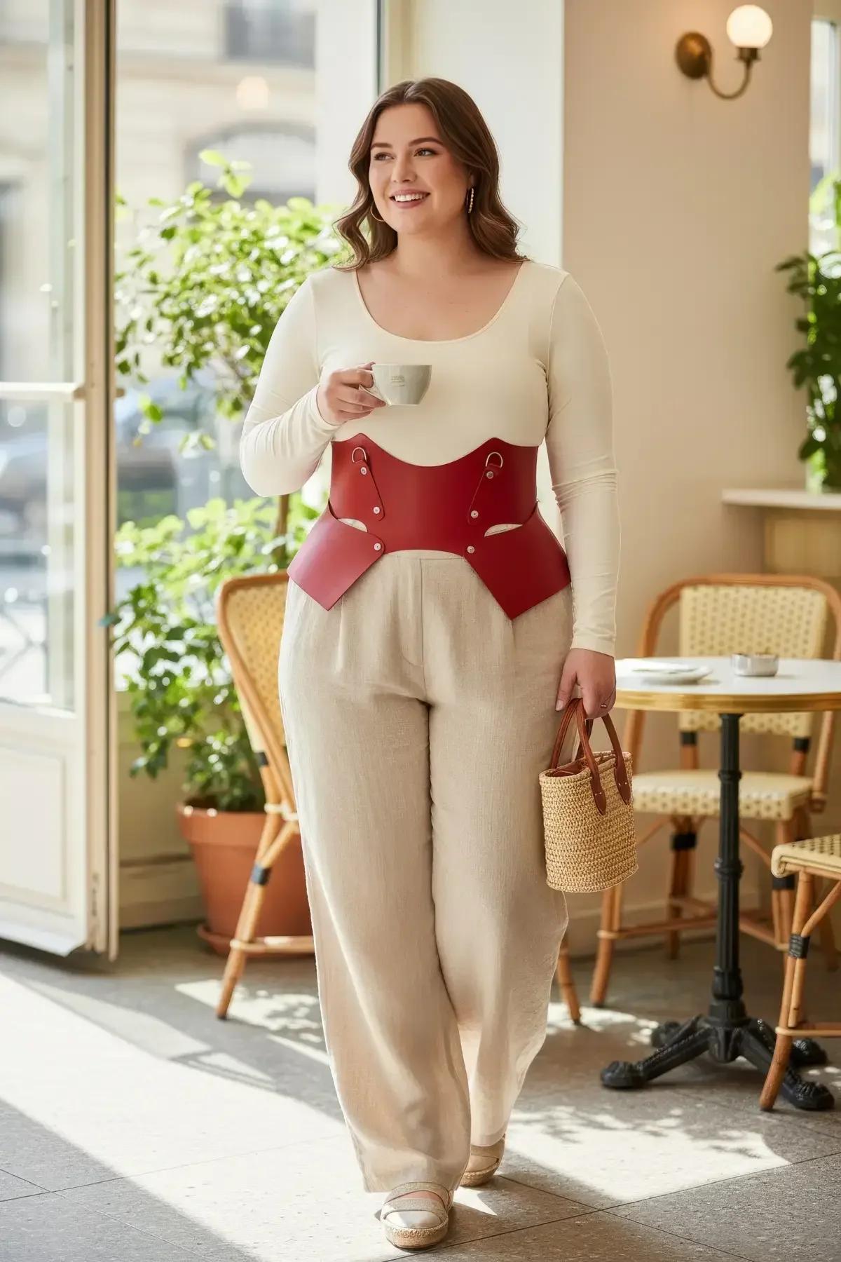 red faux leather waist harness with sculpted curved front panels and silver stud hardware worn over cream top