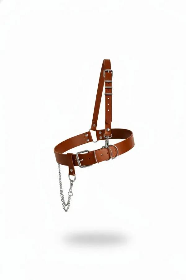 taba vegan deri tam vücut harness gümüş metal toka O-ring ve çift zincir detaylı bel aksesuarı