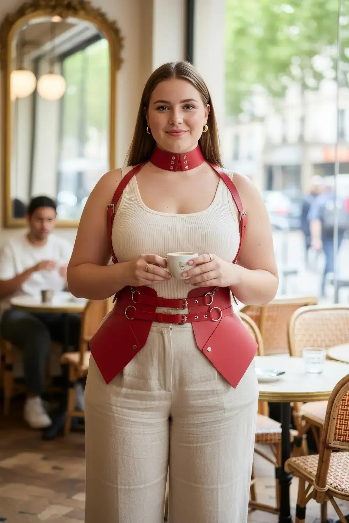 Red faux leather corset waist harness with O-rings and matching studded choker set worn over cream top