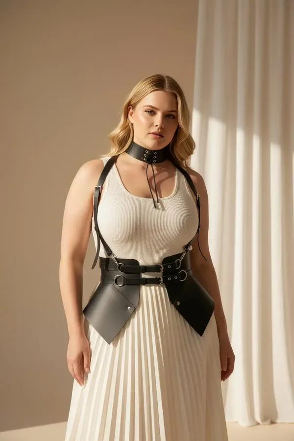 black faux leather body harness with integrated wide choker eyelet tie front angular waist panels silver O-ring hardware worn