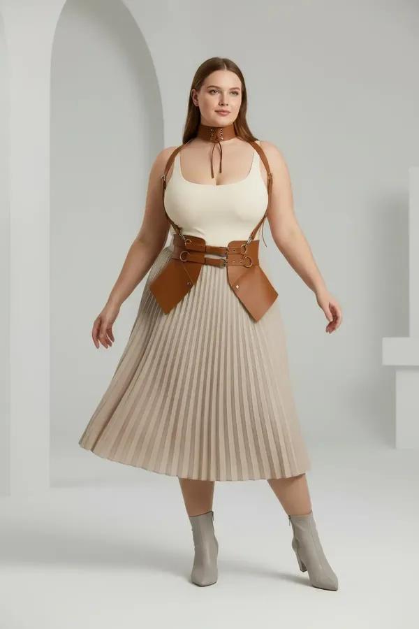 tan faux leather waspie corset harness with choker and adjustable silver-buckle shoulder straps worn over white top