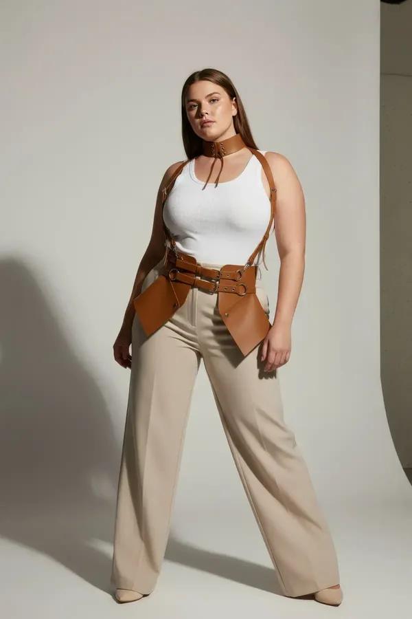 tan faux leather waspie corset harness with choker and adjustable silver-buckle shoulder straps worn over white top