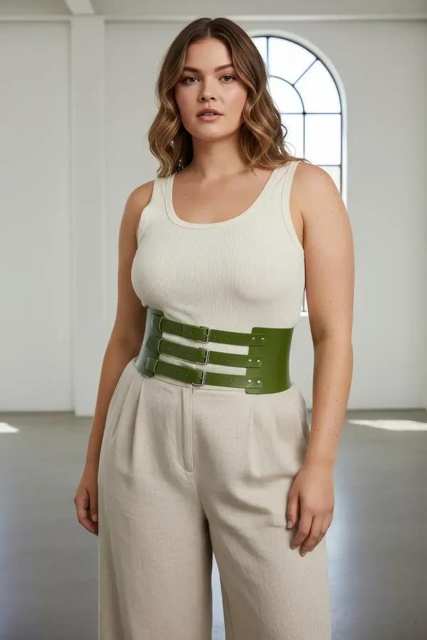 olive green faux leather wide waspie belt with three silver prong buckles worn over white bodysuit and cream trousers