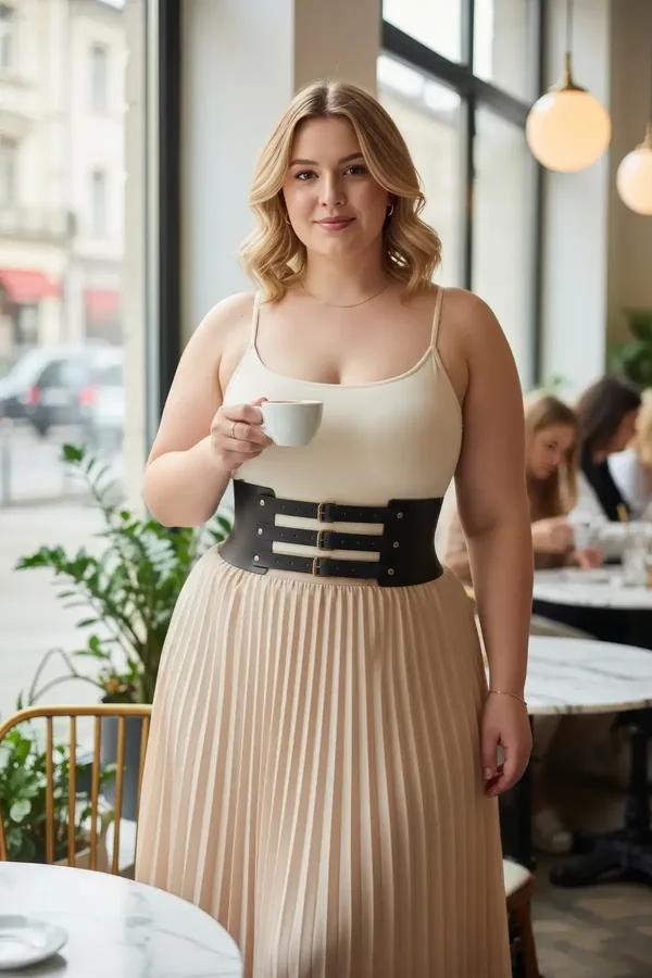 black wide faux leather waist harness with three gold-tone adjustable pin buckles worn over cream bodysuit and midi skirt