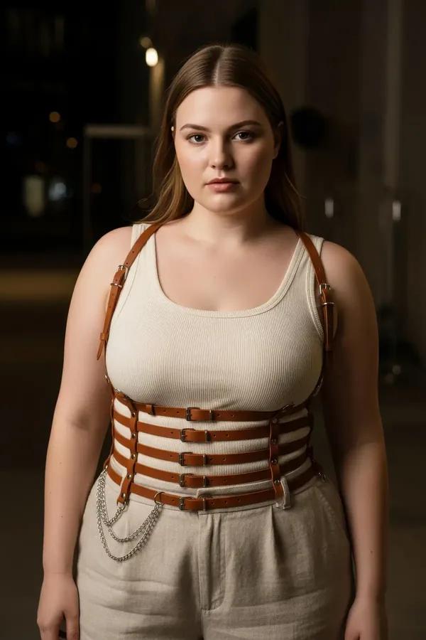 taba vegan deri korse harness yatay şerit kafes yapısı gümüş zincir detaylı büyük beden kadın bel kemeri