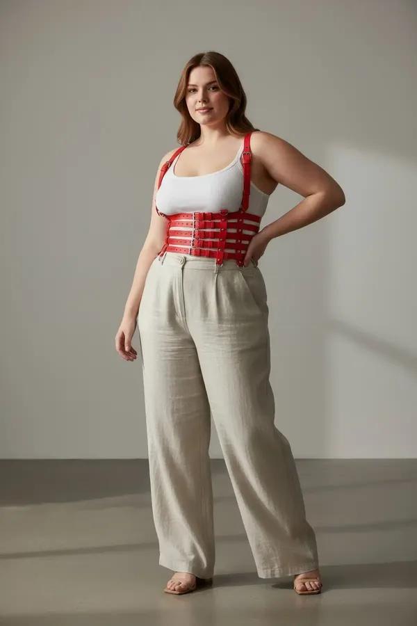 red faux leather multi-strap body harness with silver buckles worn over white tank top