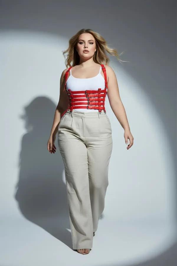 red faux leather multi-strap body harness with silver buckles worn over white tank top
