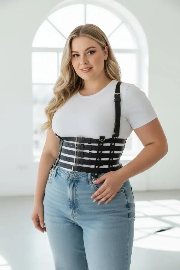 black faux leather underbust waist harness with three-band cage construction and adjustable silver-buckle shoulder straps wor