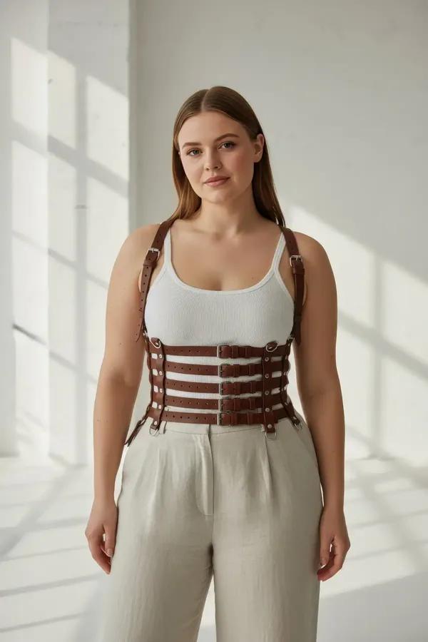 cognac faux leather multi-strap underbust harness corset top with gold studs and shoulder straps worn over cream top