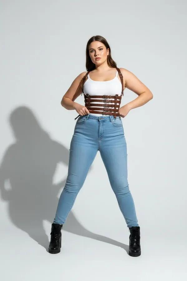 cognac faux leather multi-strap underbust harness corset top with gold studs and shoulder straps worn over cream top