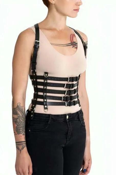 Siyah vegan deri beşli kayışlı göğüs harness gümüş metal toka korse tasarım