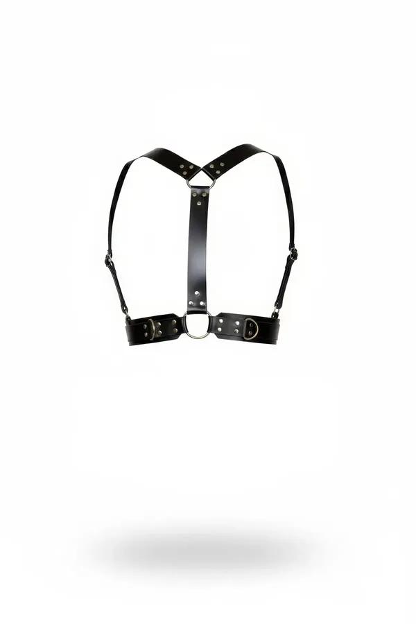 black faux leather chest harness with centred O-ring silver rivets adjustable shoulder straps