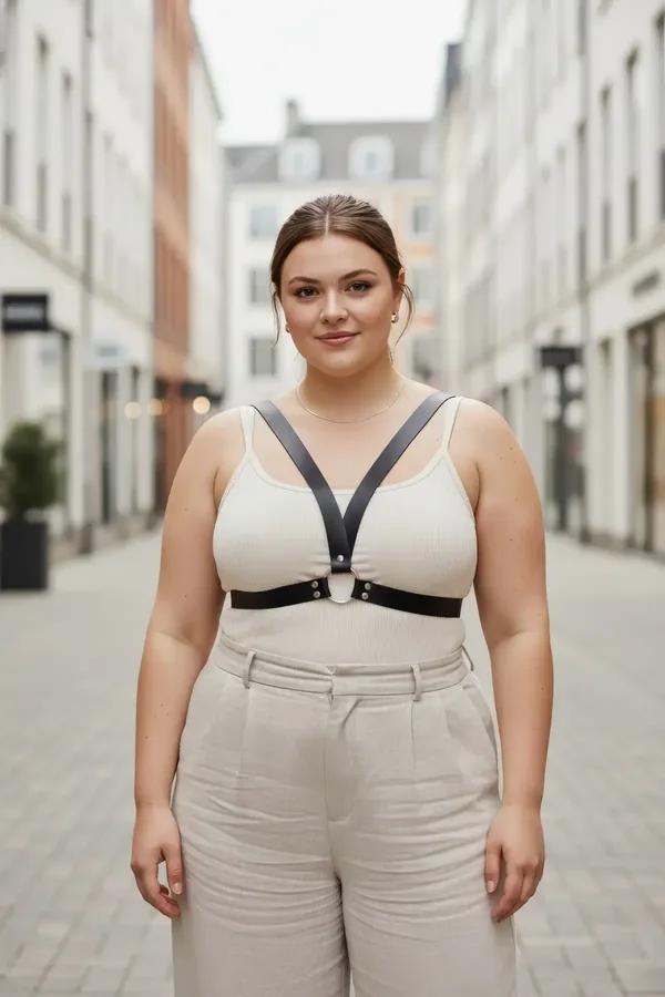 black faux leather minimalist chest harness with silver O-ring underbust band worn over white top street style