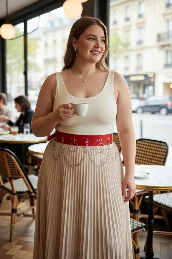 Red faux leather waist harness belt with silver O-rings and draped chains worn over cream top and beige pleated skirt