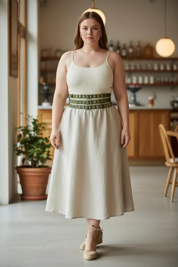 Khaki faux leather triple-row grommet waist harness belt with silver eyelets worn over cream linen dress