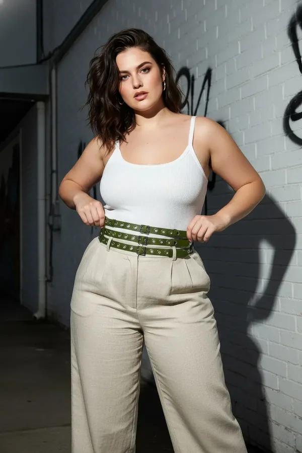 Khaki faux leather triple-row grommet waist harness belt with silver eyelets worn over cream linen dress