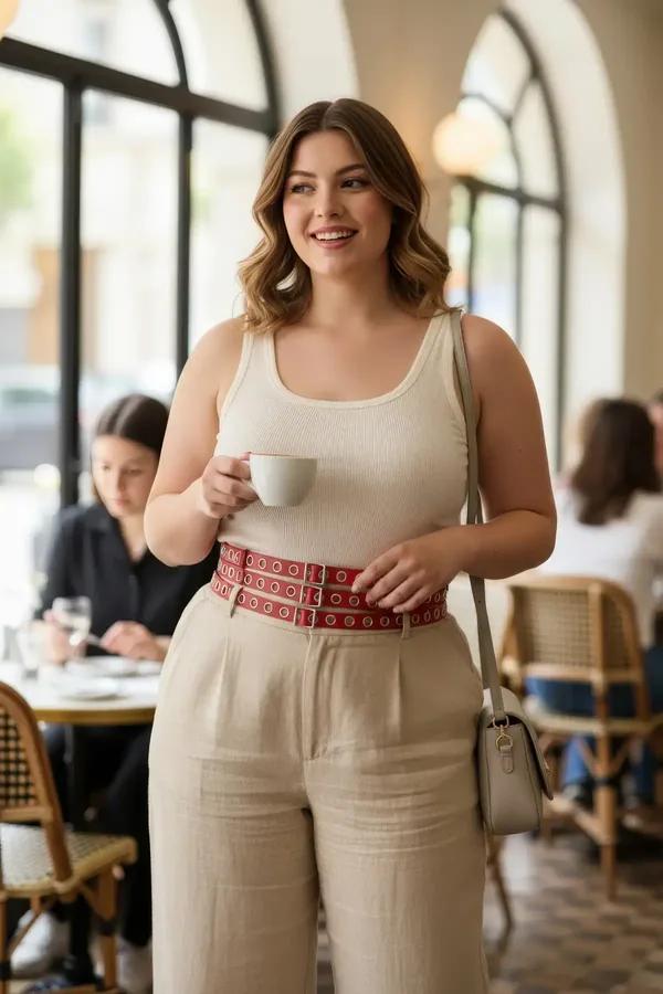 red triple-row faux leather waist harness belt with silver eyelet grid and square buckle closure worn over cream tank top