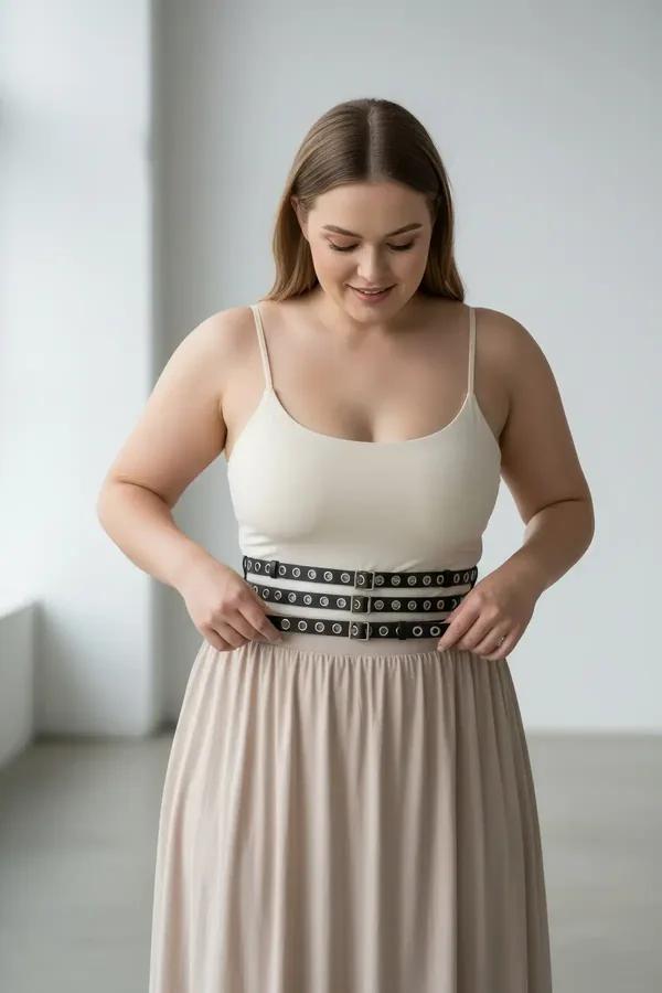 black vegan leather triple-strap eyelet waist cinch harness belt with silver grommets worn over white tank top