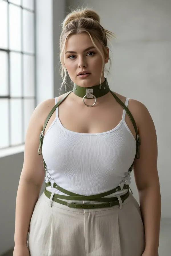 khaki vegan leather underbust harness with O-ring choker and silver chain worn over white tank top