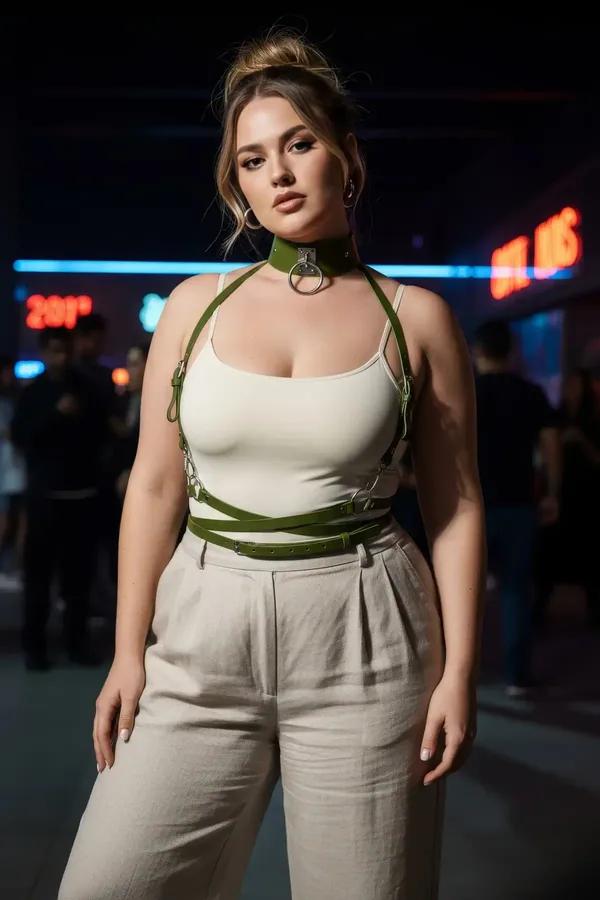 khaki vegan leather underbust harness with O-ring choker and silver chain worn over white tank top