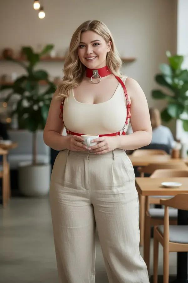 red faux leather harness bra with silver O-ring choker and waist belt worn over cream tank top, plus-size model