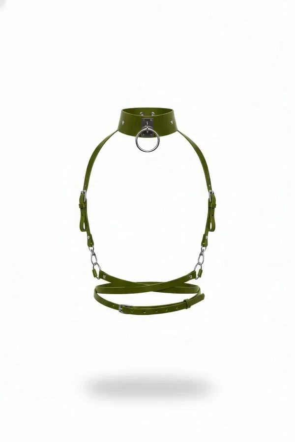 Haki vegan deri vücut kemeri zımbalı choker gümüş O halka ve zincir detaylı