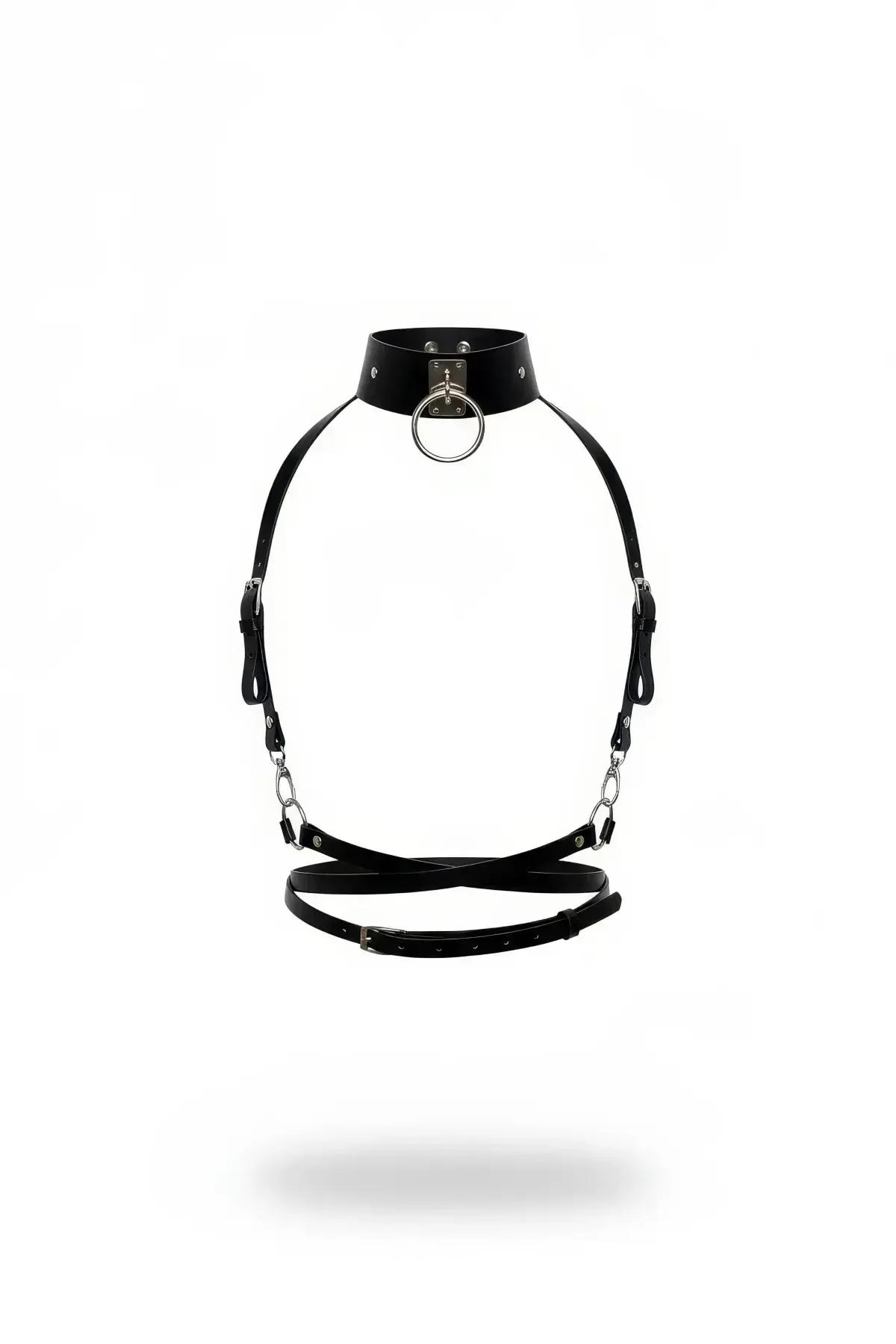 black faux leather choker harness with silver O-ring, draped link chains, and crossover waist strap on white background