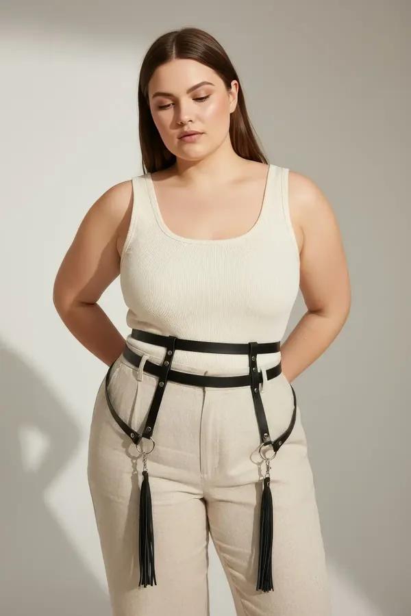 black faux leather waist harness with detachable tassel garters and silver stud hardware worn over jeans