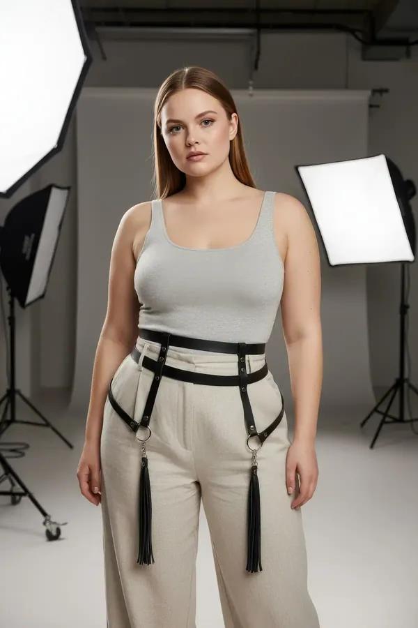 black faux leather waist harness with detachable tassel garters and silver stud hardware worn over jeans