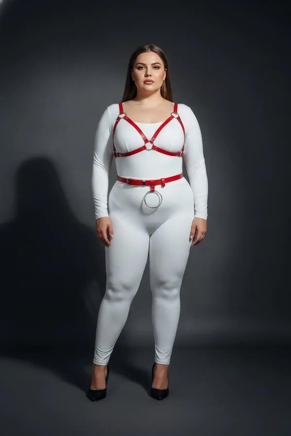 Kırmızı vegan deri harness sütyen ve O-halkalı bel kemeri takım, büyük beden model üzerinde gümüş metal toka detaylı
