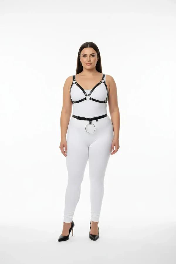 black faux leather adjustable harness bra and waist belt set with front O-ring and gold-tone hardware