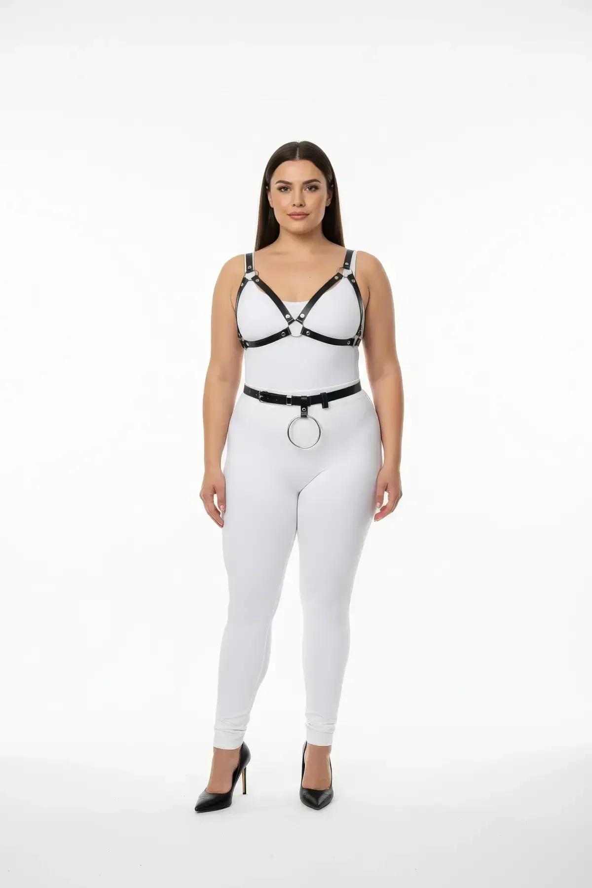 black faux leather adjustable harness bra and waist belt set with front O-ring and gold-tone hardware