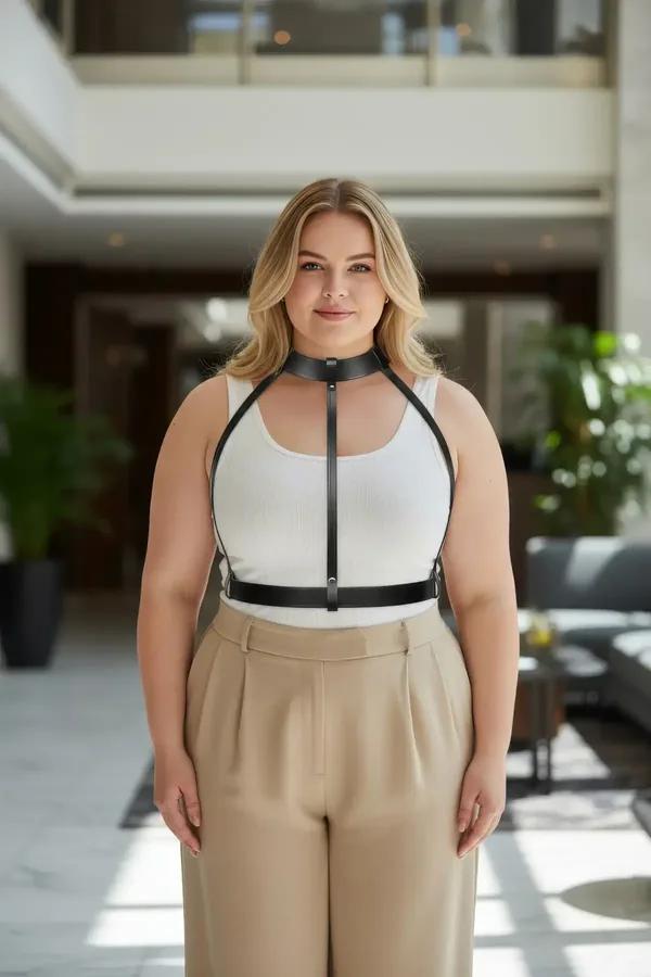 büyük beden siyah vegan deri vücut harness boyunluk yaka ve bel kemeri kafes tasarım