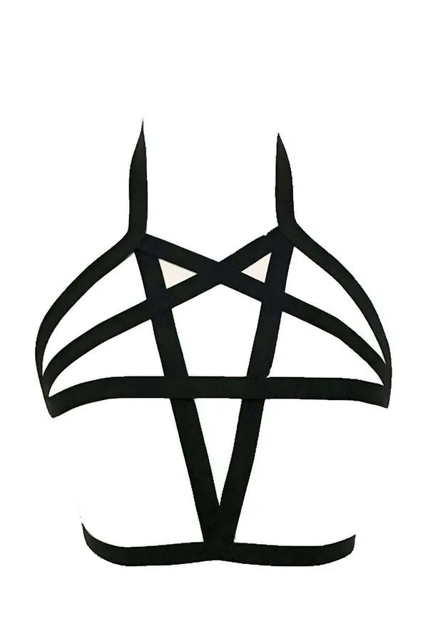 Siyah elastik bantlı pentagram desenli göğüs harness omuz askılı ve çapraz bant geometrik yapısıyla