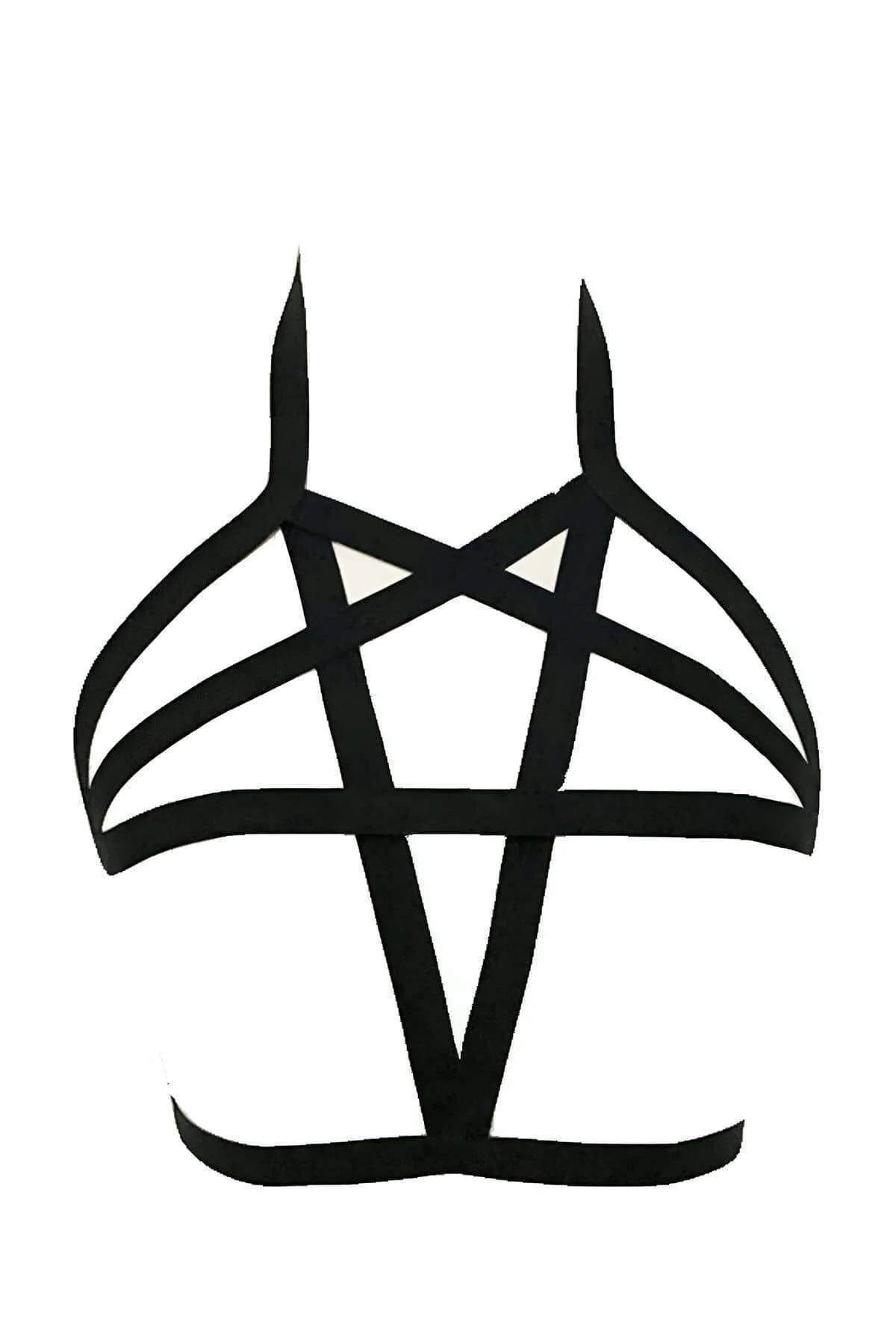 Siyah elastik bantlı pentagram desenli göğüs harness omuz askılı ve çapraz bant geometrik yapısıyla