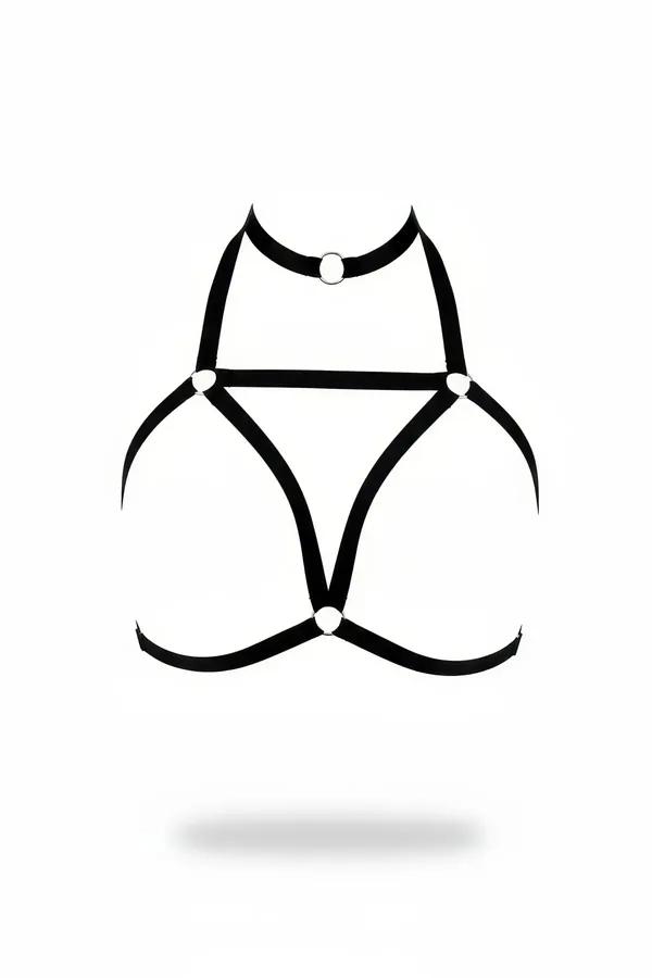 Siyah elastik göğüs harness yüksek yaka gümüş O halka ve D halka detaylı geometrik şerit desen
