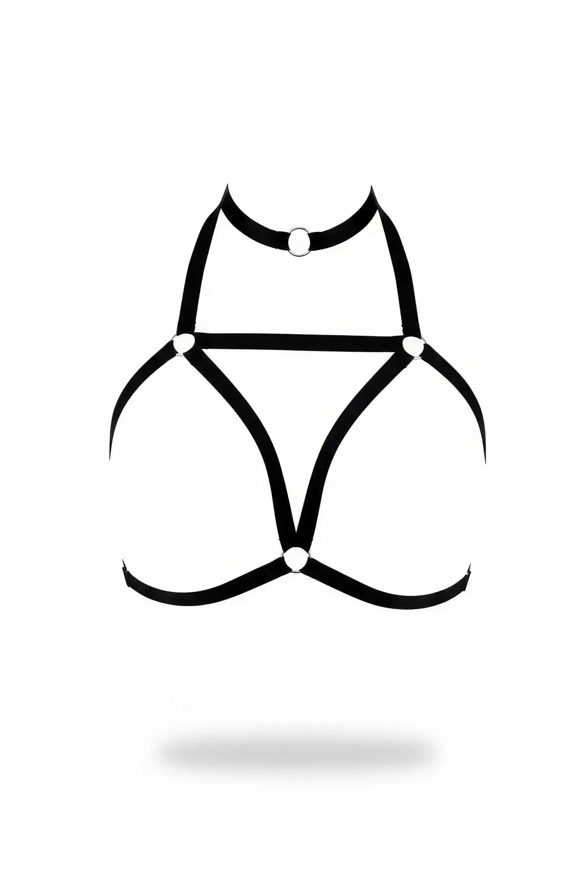 black elastic high neck chest harness with four silver O-rings at collar and strap junctions, geometric cage panel front view