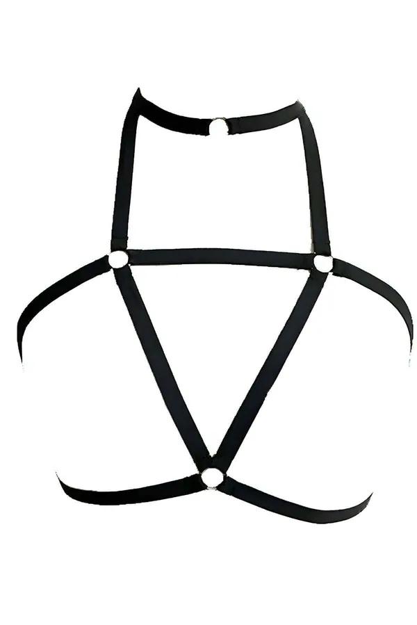 Siyah elastik lastik göğüs harness boyun bantlı choker ve gümüş O-halkalar geometrik üçgen şerit düzeni