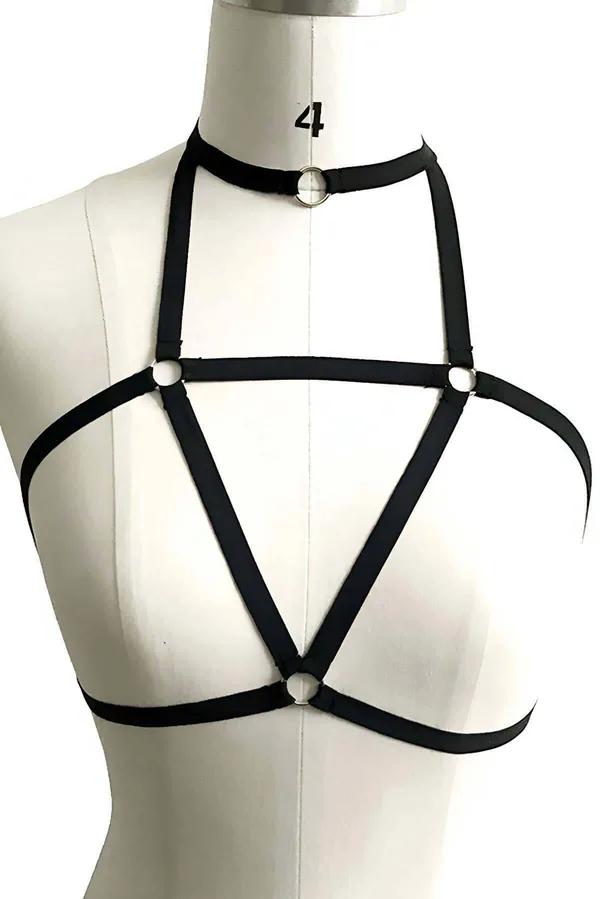 Siyah elastik lastik göğüs harness boyun bantlı choker ve gümüş O-halkalar geometrik üçgen şerit düzeni