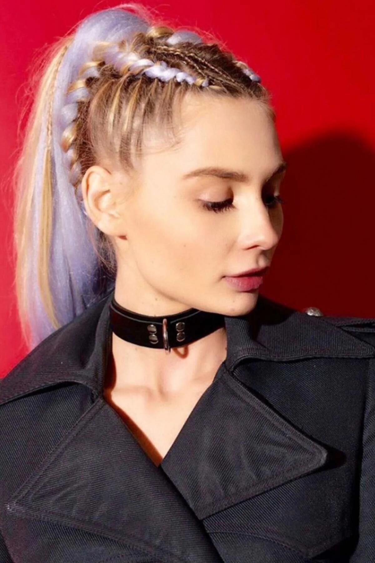 siyah vegan deri choker tasma geniş bant krom D-halka ve perçin detay kadın boyun aksesuar