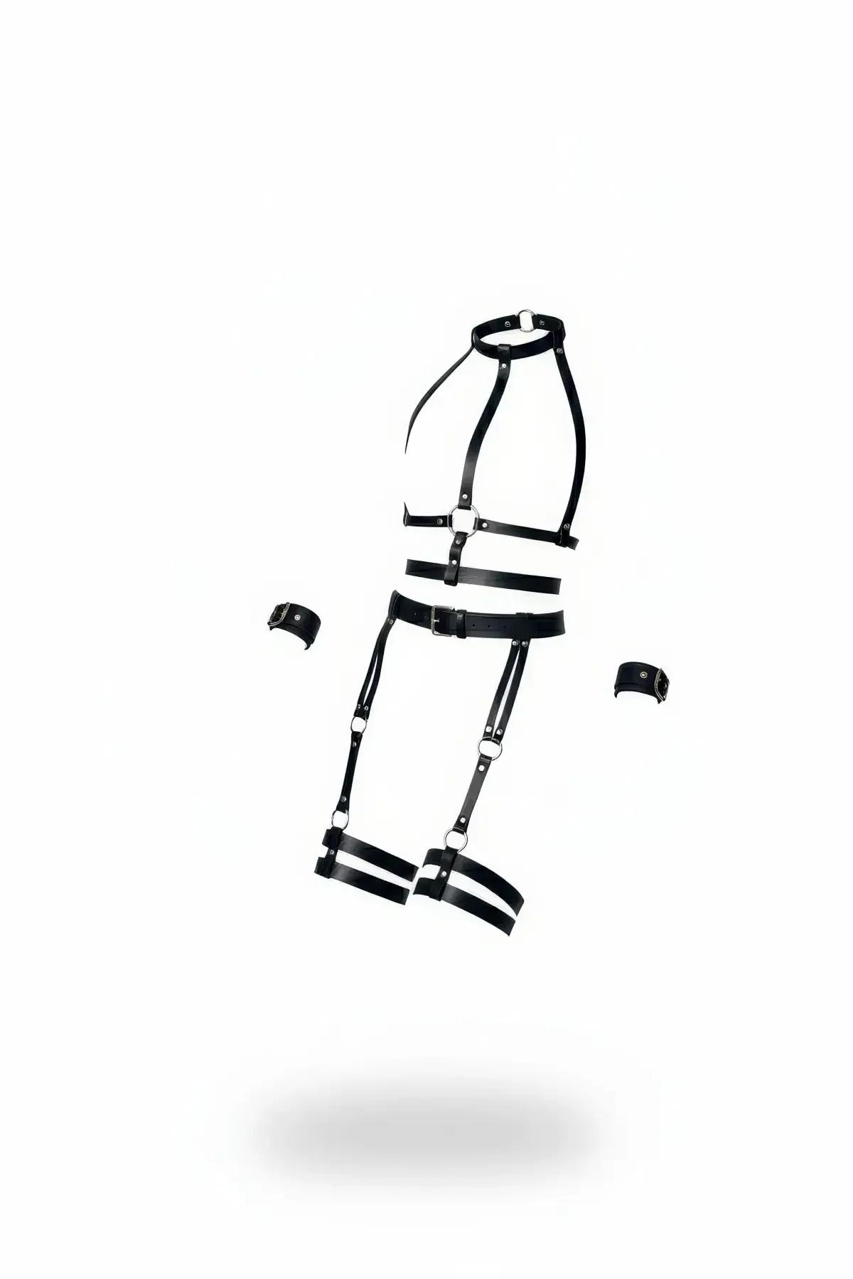 siyah suni deri tam vücut jartiyer harness seti choker göğüs bel bacak bantları ve gümüş o-ring ile