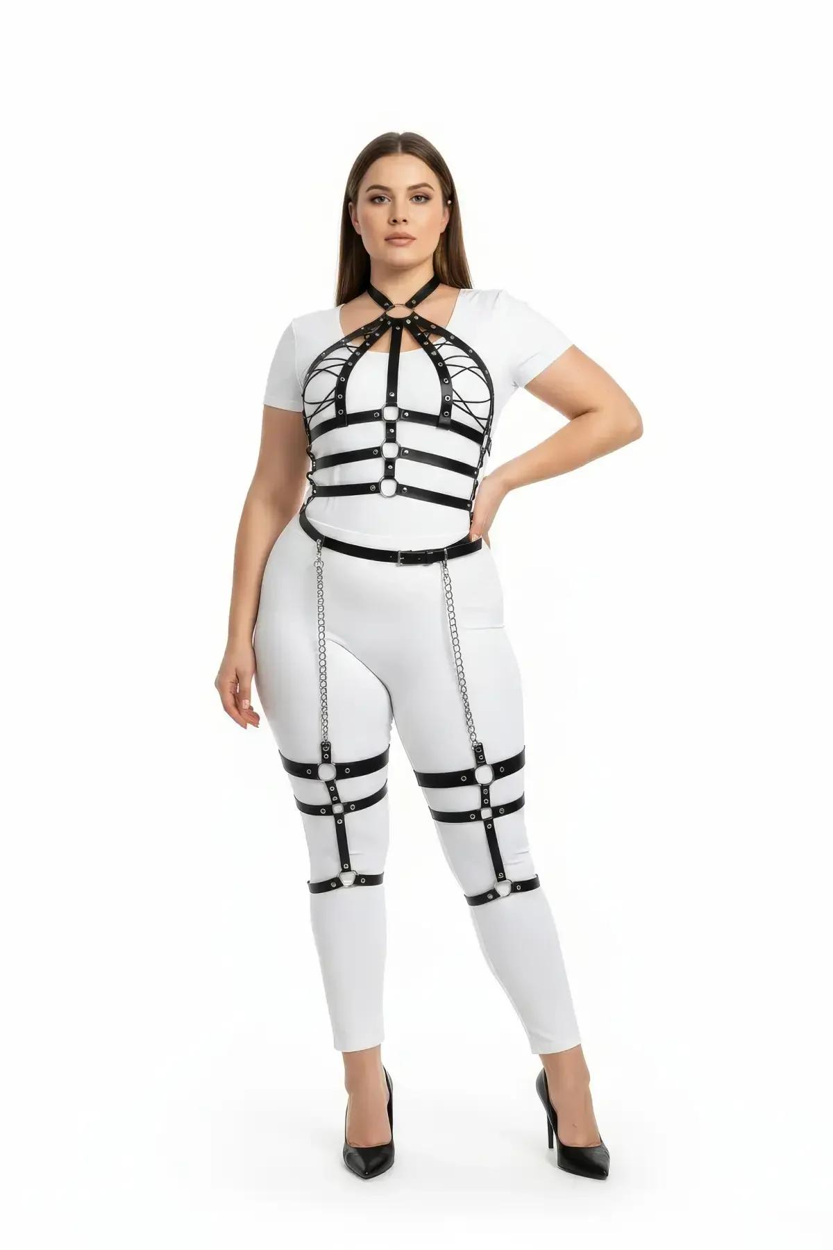 Black faux leather plus size full body harness with silver drop thigh chains, O-ring sternum detail, and studded horizontal c
