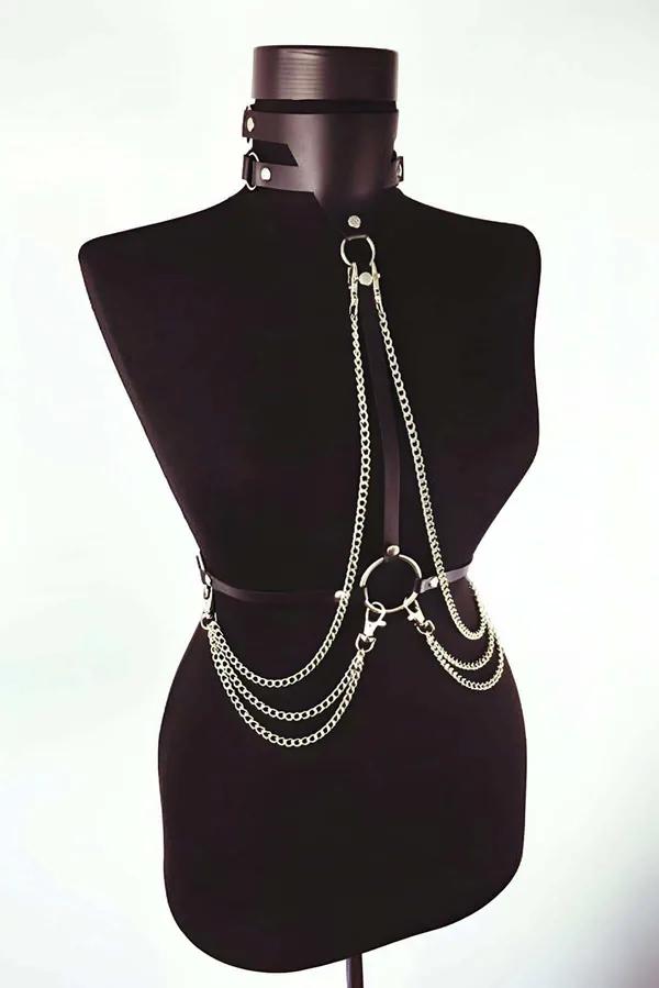 siyah suni deri choker zincirli göğüs harness gümüş O-ring dört sıra metal zincir bel bandı
